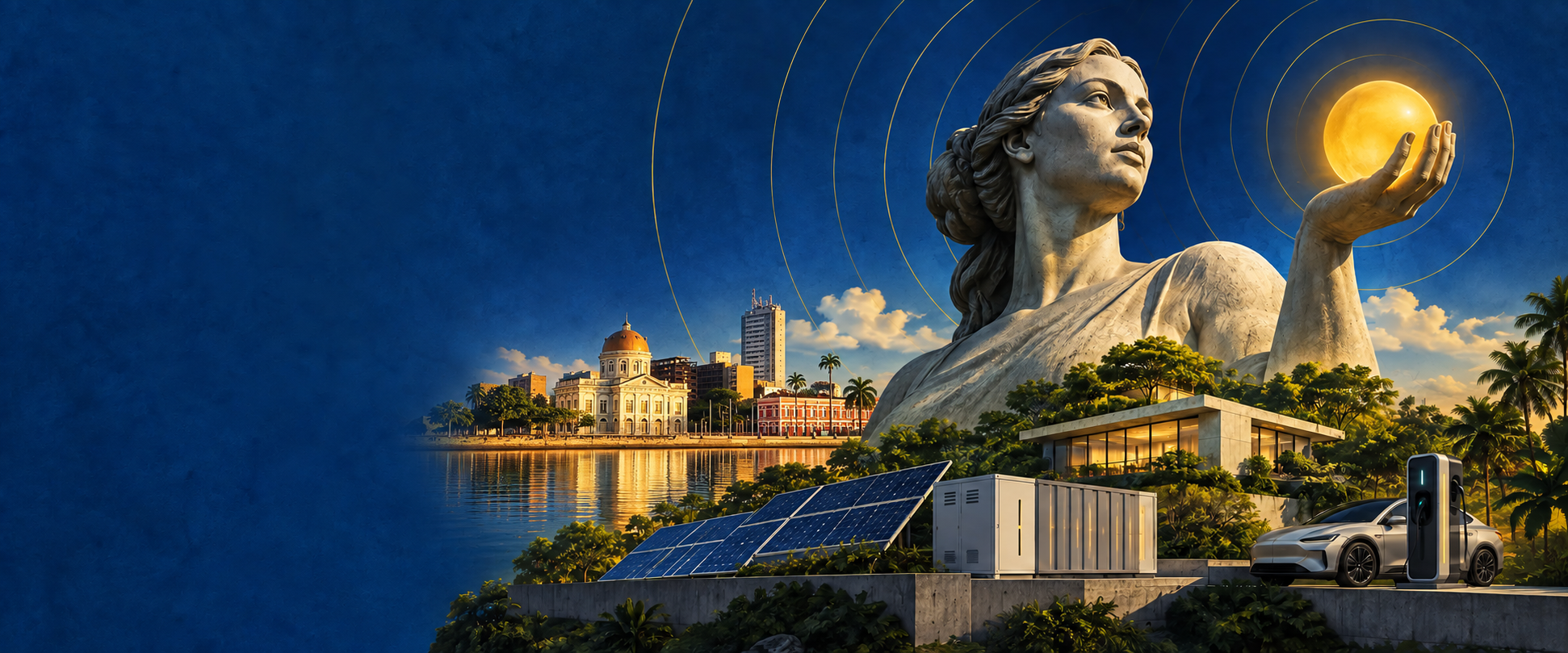 Composição editorial com energia solar, armazenamento, mobilidade elétrica e paisagem brasileira